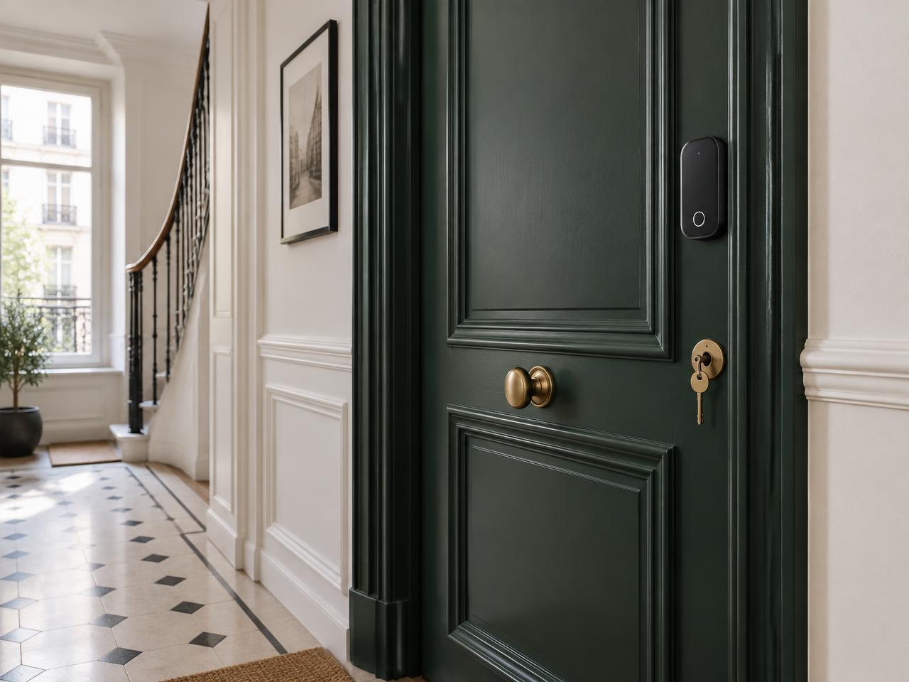 Porte d'appartement française équipée d'une serrure connectée sécurisée
