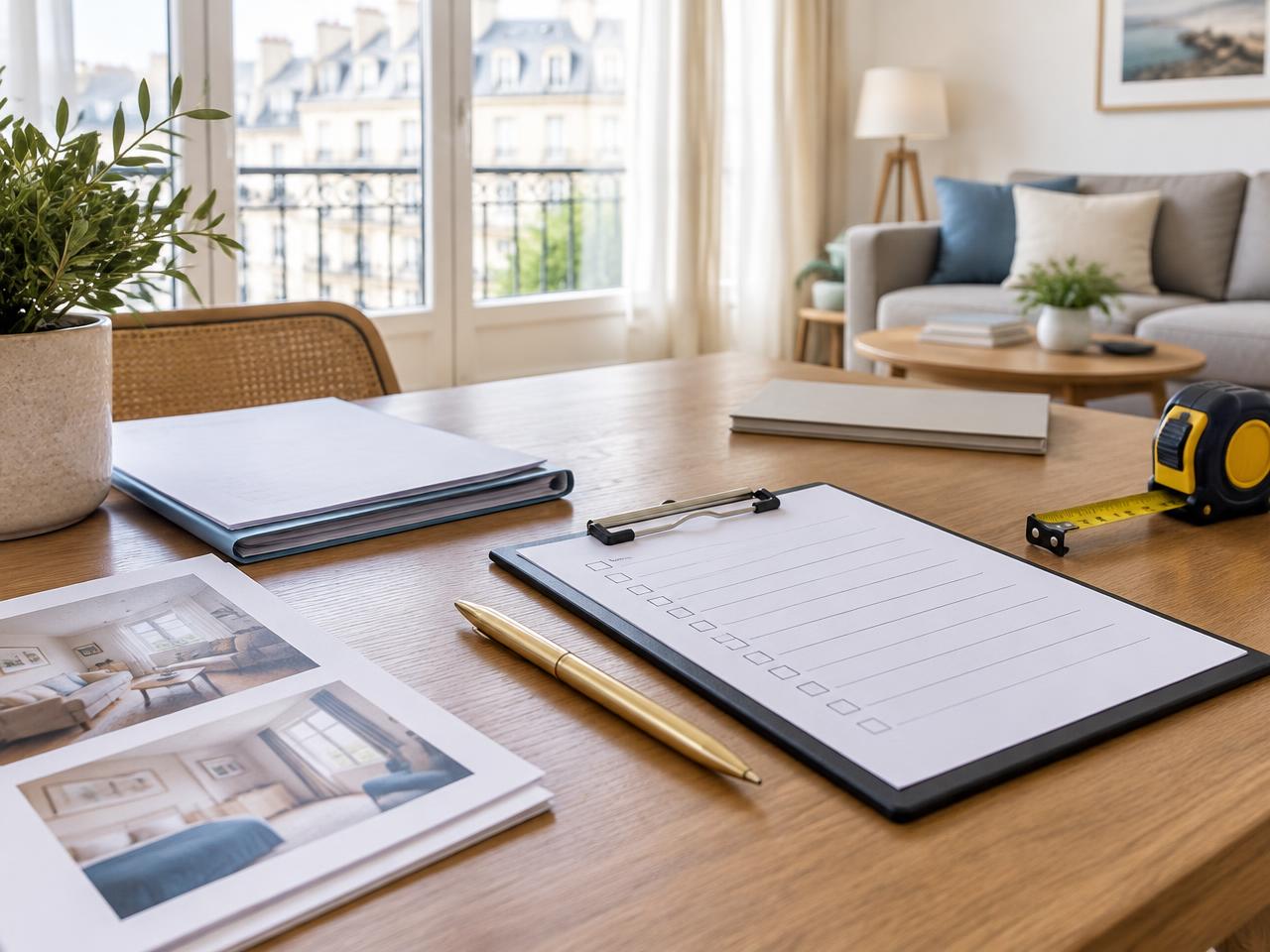 Dossier de classement et grille de contrôle préparés dans un appartement