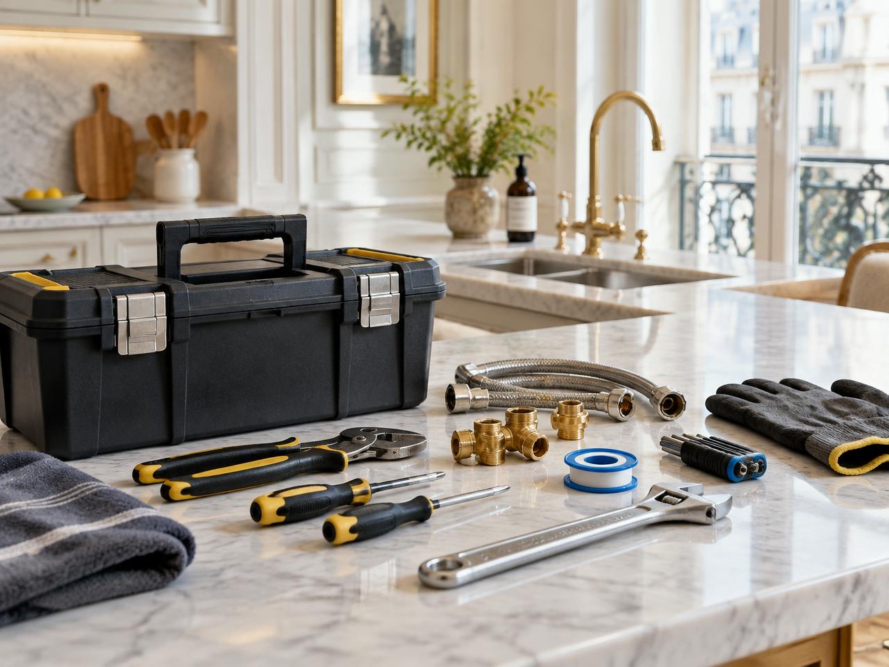 Matériel de maintenance préparé dans la cuisine d'un appartement meublé