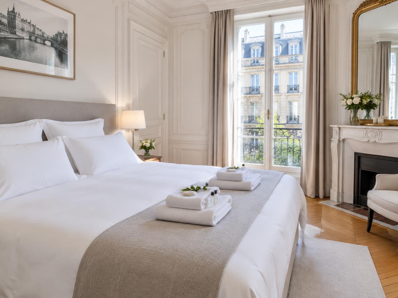 Chambre lumineuse remise en état avec linge hôtelier et serviettes préparées